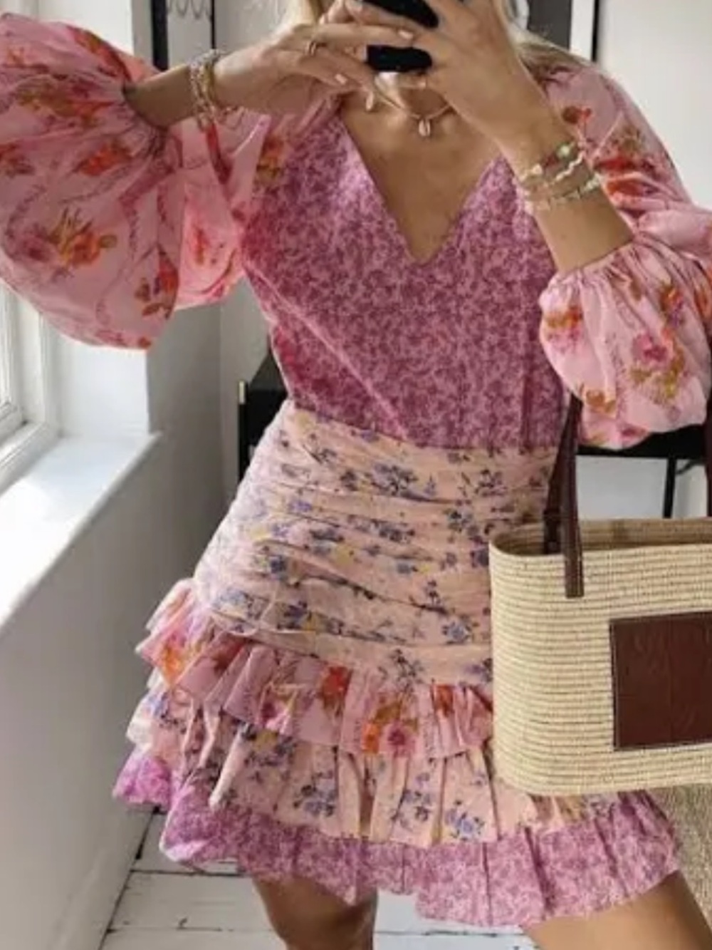 Pink Floral Mini Dress with Puff Sleeves